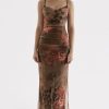 Vintage Sweetheart Ruched Trim Printed Mesh Slip Maxi Dress - Floral