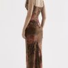Vintage Sweetheart Ruched Trim Printed Mesh Slip Maxi Dress - Floral