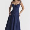 Vintage Tie Front Lace Up Back Fit & Flare Split Midi Sundress - Navy blue