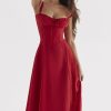 Vintage Tie Front Lace Up Back Fit & Flare Split Midi Sundress - Red