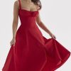 Vintage Tie Front Lace Up Back Fit & Flare Split Midi Sundress - Red