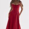 Vintage Tie Front Lace Up Back Fit & Flare Split Midi Sundress - Red