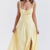 Vintage Tie Front Lace Up Back Fit & Flare Split Midi Sundress - Yellow