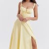 Vintage Tie Front Lace Up Back Fit & Flare Split Midi Sundress - Yellow