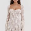 Vintage Tie Neck Bell Sleeve Pleated Floral Lace Fishtail Mini Dress - Beige