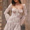 Vintage Tie Neck Bell Sleeve Pleated Floral Lace Fishtail Mini Dress - Beige