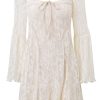 Vintage Tie Neck Bell Sleeve Pleated Floral Lace Fishtail Mini Dress - Beige