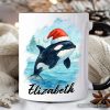 Watercolor Orca in Santa Hat Christmas Personalized Mug, Marine Animal Holiday Gift with Custom Name