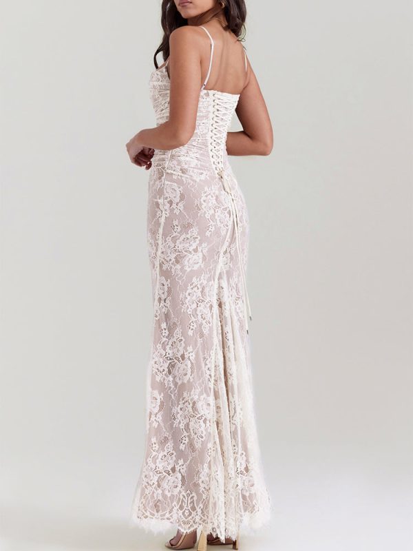 Wedding Vintage Cream Lace Maxi Dress With Gloves