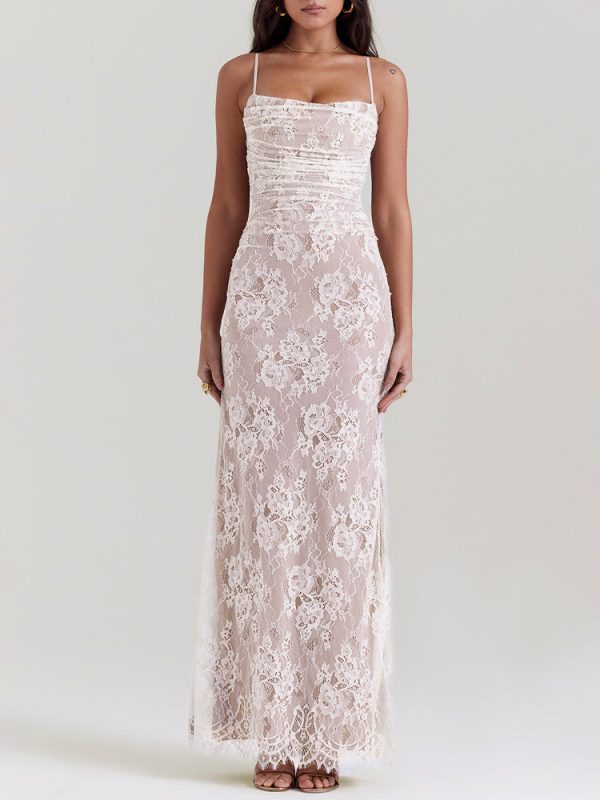 Wedding Vintage Cream Lace Maxi Dress With Gloves