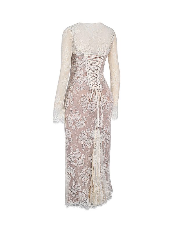 Wedding Vintage Cream Lace Maxi Dress With Gloves