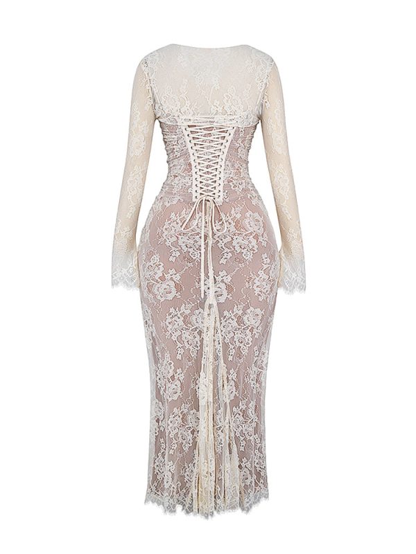Wedding Vintage Cream Lace Maxi Dress With Gloves