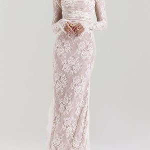 Wedding Vintage Cream Lace Maxi Dress With Gloves