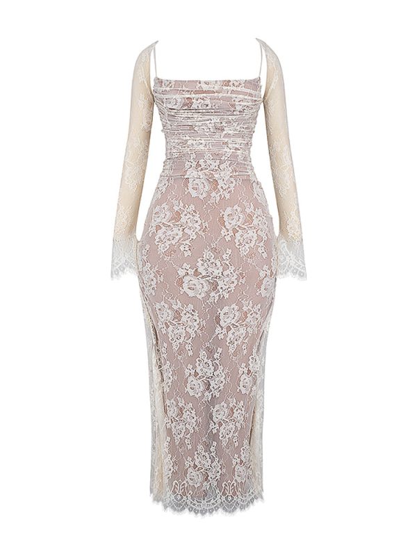 Wedding Vintage Cream Lace Maxi Dress With Gloves