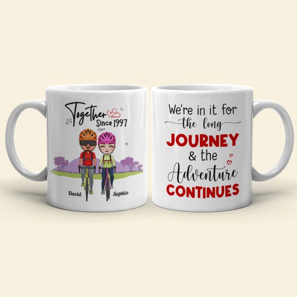 We're In It For The Long Journey & The Adventure Continues, Couple Cycling White Mug