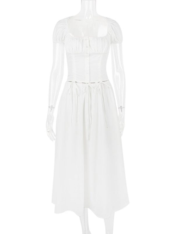 White Buttoned Drawstring Crop Top and Midi Skirt Two Piece Set