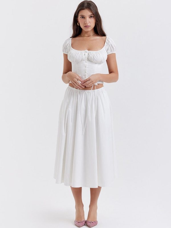 White Buttoned Drawstring Crop Top and Midi Skirt Two Piece Set
