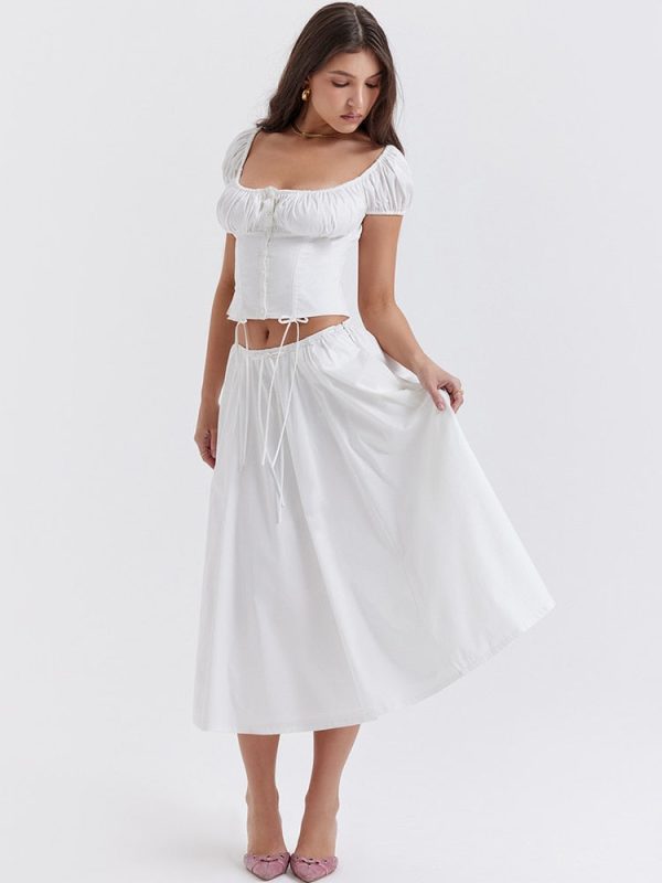 White Buttoned Drawstring Crop Top and Midi Skirt Two Piece Set