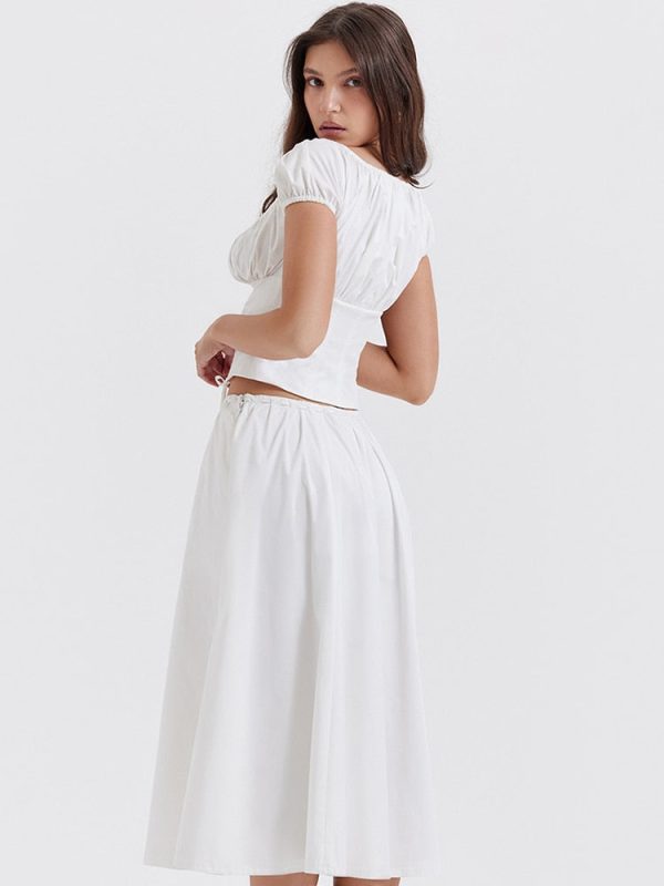 White Buttoned Drawstring Crop Top and Midi Skirt Two Piece Set