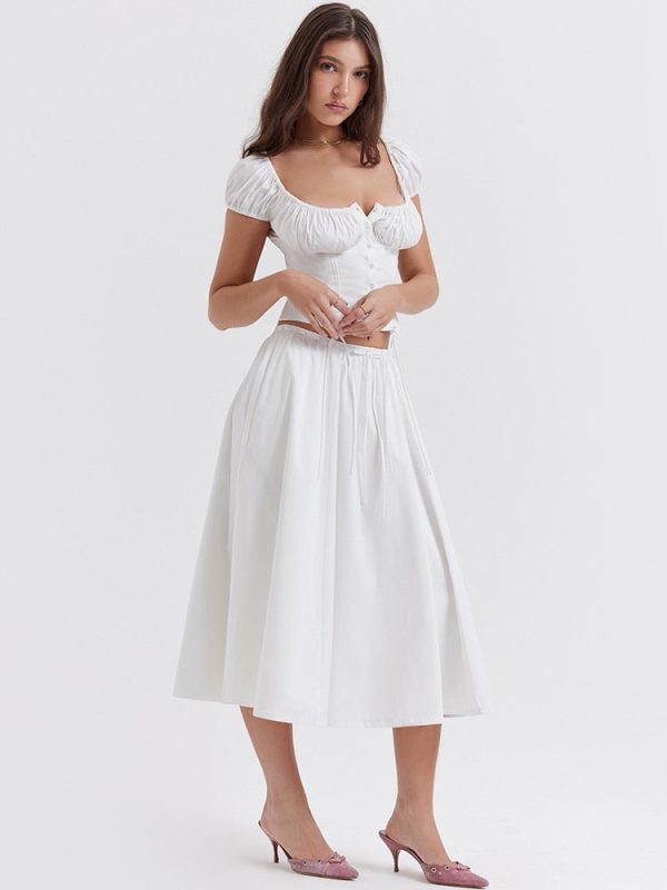 White Buttoned Drawstring Crop Top and Midi Skirt Two Piece Set