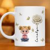 White Ceramic Mug, Custom Cute Girl Art with Butterflies & Rose, Minimal Style, Creative Gift for Grandma, Mom, or Friend