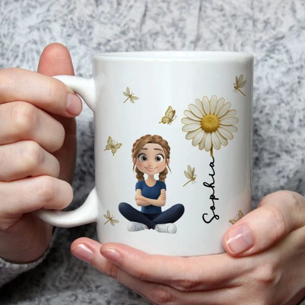White Ceramic Mug, Custom Cute Girl Art with Butterflies & Rose, Minimal Style, Creative Gift for Grandma, Mom, or Friend