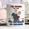 White Ceramic Mug Personalized with Cartoon Couple Hug, Playful No Returns or Refunds Design, Cute Gift for Couples