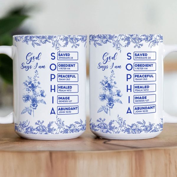 White Ceramic Mug with Bible Verses and Blue Floral Design, Faithful and Heartwarming Gift
