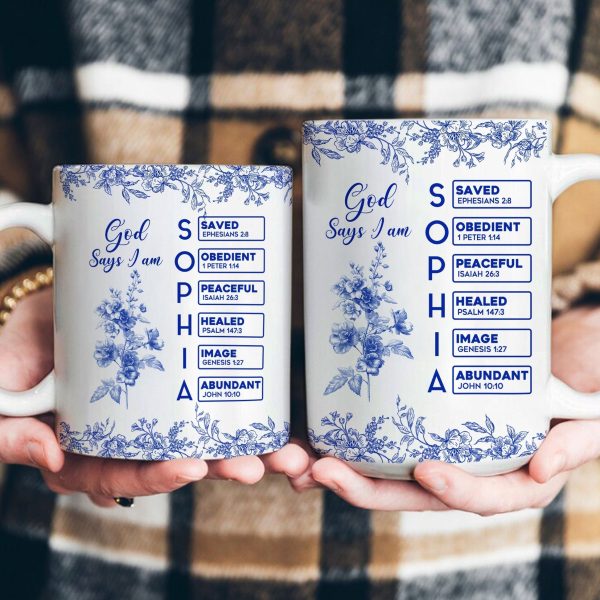 White Ceramic Mug with Bible Verses and Blue Floral Design, Faithful and Heartwarming Gift
