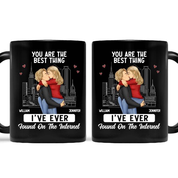 White Ceramic Mug with Couple Hug Design, Cityscape Background, Romantic Vibe, Perfect Gift for Lovers