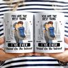 White Ceramic Mug with Couple Hug Design, Cityscape Background, Romantic Vibe, Perfect Gift for Lovers