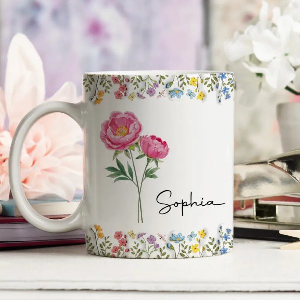 White Ceramic Mug with Floral Design and Name Print Elegant Personalized Gift for Her, Perfect for Birthdays and Special Moments