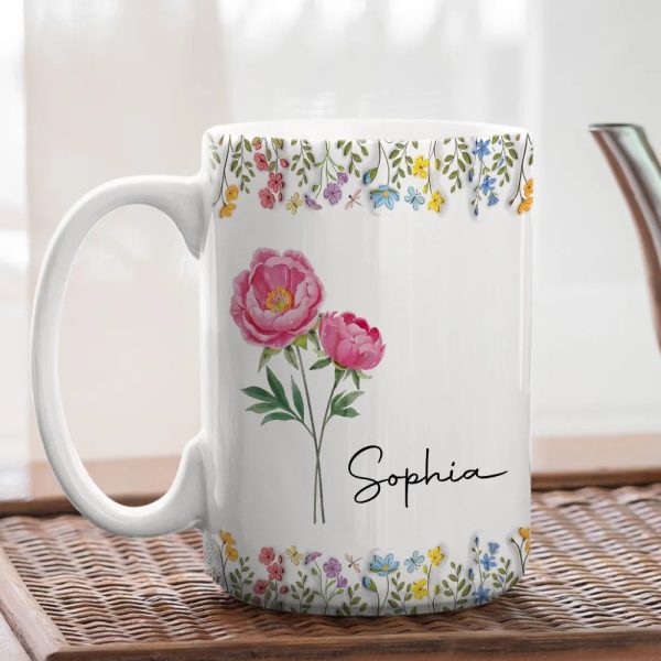 White Ceramic Mug with Floral Design and Name Print Elegant Personalized Gift for Her, Perfect for Birthdays and Special Moments