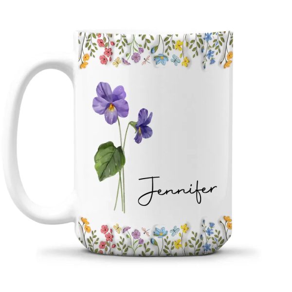 White Ceramic Mug with Floral Design and Name Print Elegant Personalized Gift for Her, Perfect for Birthdays and Special Moments