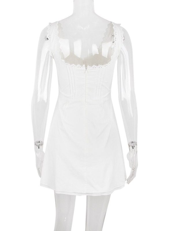 White Cupped Doily Strap V-neck Mini Dress