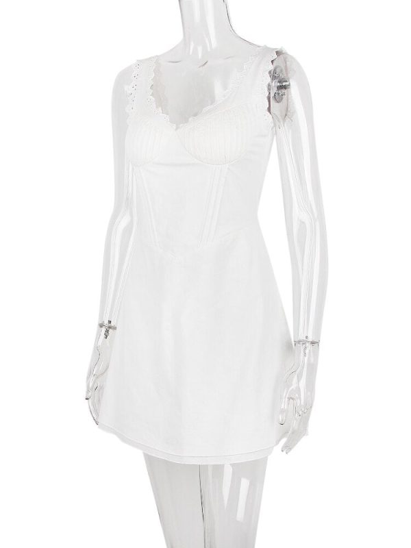 White Cupped Doily Strap V-neck Mini Dress