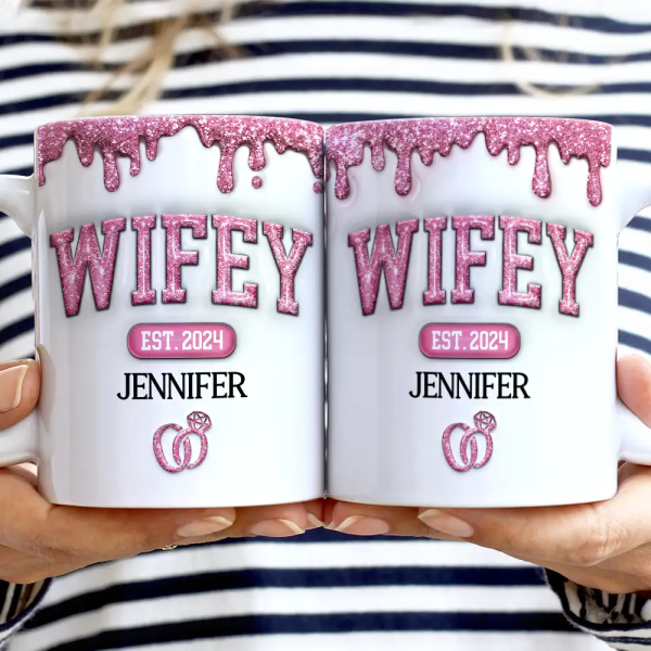Wifey Hubby Est Couple - 3D Inflated Effect Printed Mug, Personalized White Edge-to-Edge Mug
