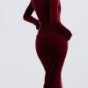 Wine Velvet Corset Lace Trim Long Sleeve Midi Dress