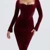 Wine Velvet Corset Lace Trim Long Sleeve Midi Dress