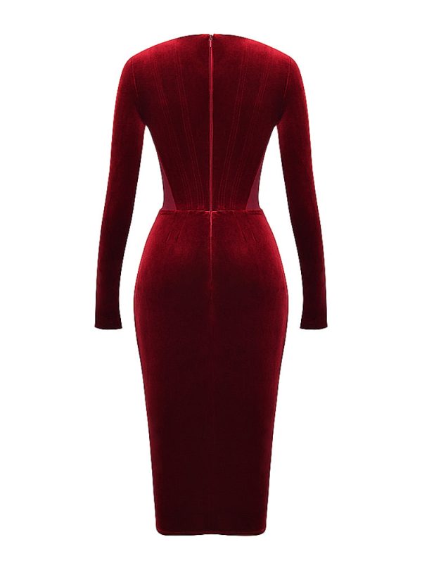 Wine Velvet Corset Lace Trim Long Sleeve Midi Dress