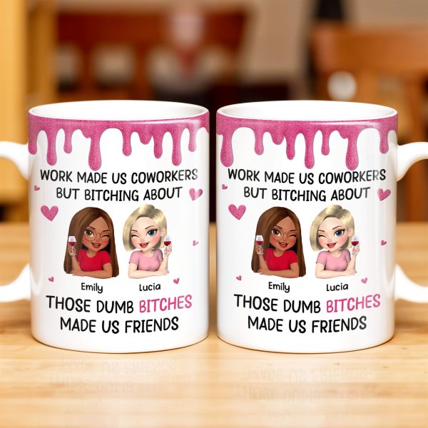 Work Made Us Coworkers, Cartoon Portraits And Wine Glass - Personalized Custom Coffee Mug - COL109_MG