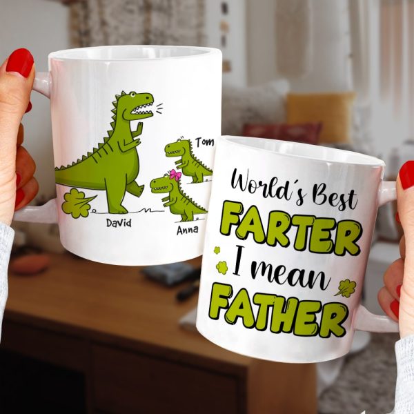 World's Best Farter I Mean Father, Personalized Mug, Gift For Dad, Father's Day Gift, Dinosaur Dad And Kids Mug