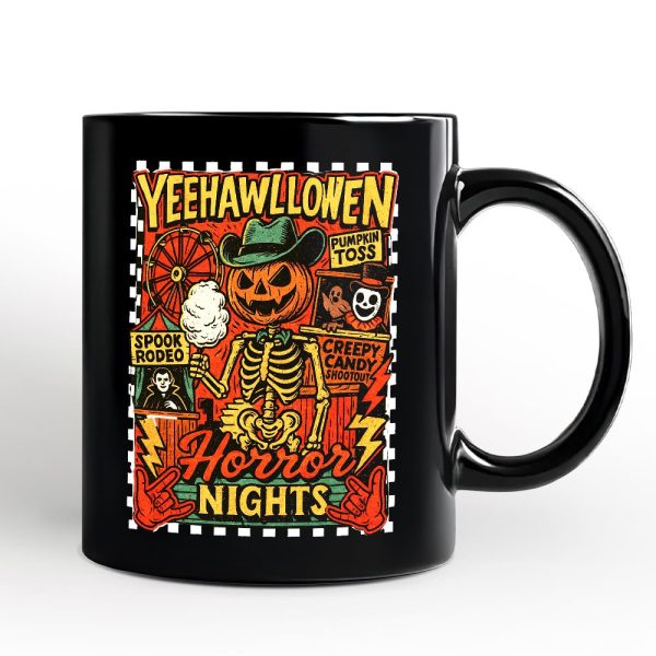 Yee Haw Halloween Retro Pumpkin Skeleton Personalized Mug, Spooky Country Western Gift with Custom Name