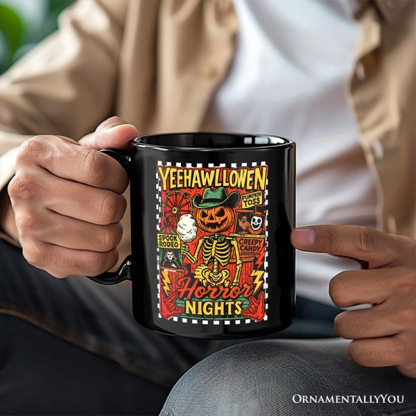Yee Haw Halloween Retro Pumpkin Skeleton Personalized Mug, Spooky Country Western Gift with Custom Name